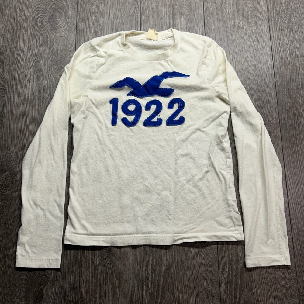 Hollister Mens Y2K Long Sleeve T-Shirt Cream Blue Logo 1922 Graphic Small